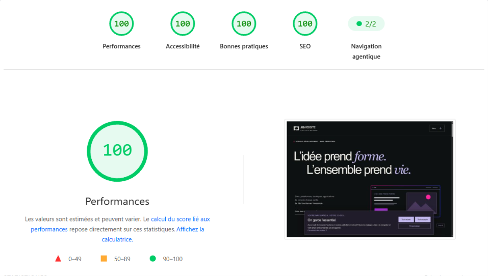 Capture d’audit JISWEBSITE : 100 en performances, accessibilité, bonnes pratiques et SEO ; navigation agentique 2 sur 2.